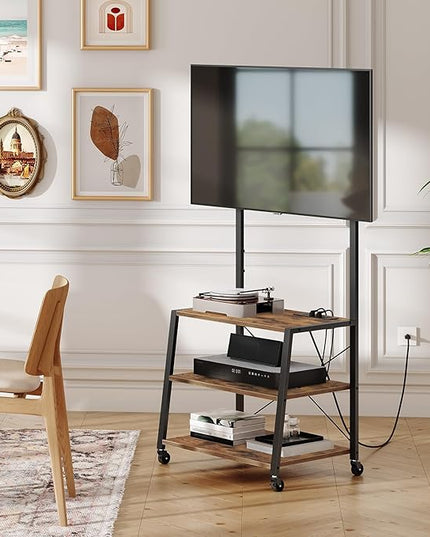 HOOBRO Rolling TV Stand with Mount and Power Outlet Up to 55 inch TV, Corner Entertainment Center, Small TV Stand with 3-Tier Storage Shelves for Living Room, Bedroom, Rustic Brown and Black BF66UDS01 - LeafyLoom