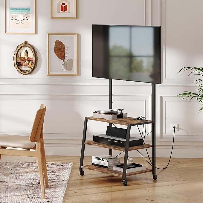 HOOBRO Rolling TV Stand with Mount and Power Outlet Up to 55 inch TV, Corner Entertainment Center, Small TV Stand with 3-Tier Storage Shelves for Living Room, Bedroom, Rustic Brown and Black BF66UDS01 - LeafyLoom