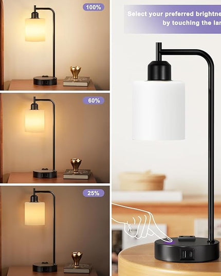 Industrial Touch Bedside Lamps for Bedrooms Set of 2 - 3-Way Dimmable Nightstand Lamps with USB C+A Ports and Outlet, Table Lamps with Opal Glass Shade for Living Room, Desk Lamps for Home Office - LeafyLoom