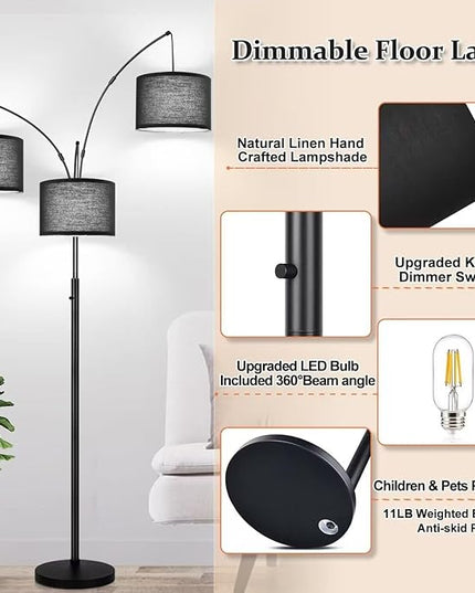 Dimmable Floor Lamp - 3 Lights Arc Floor Lamps for Living Room, 1000LM Modern Tall Standing Lamp With Black Shades & Heavy Base, Mid Century Tree Floor Lamp for Bedroom Office, 3 LED Bulbs Included - LeafyLoom