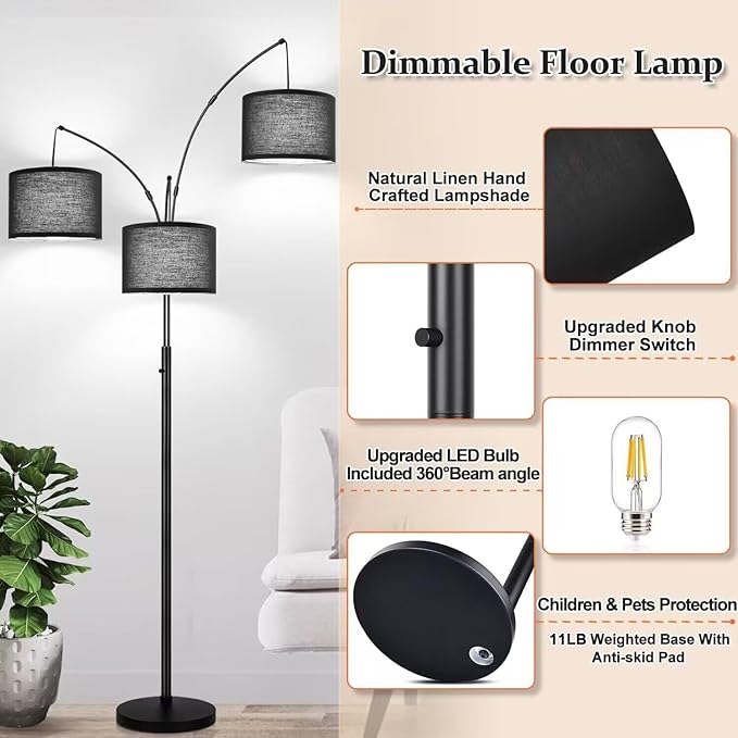 Dimmable Floor Lamp - 3 Lights Arc Floor Lamps for Living Room, 1000LM Modern Tall Standing Lamp With Black Shades & Heavy Base, Mid Century Tree Floor Lamp for Bedroom Office, 3 LED Bulbs Included - LeafyLoom