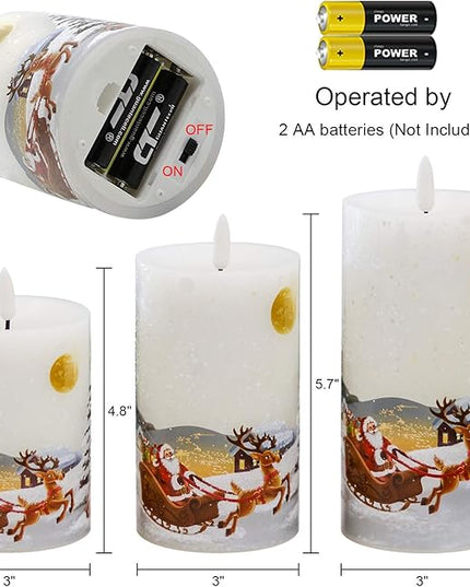 DRomance Christmas White LED Flameless Flickering Candles Battery Operated with 10-Key Remote and Timer Set of 3 Realistic 3D Wick Real Wax Holiday Flameless Pillar Candles, Santa Decal DRomance