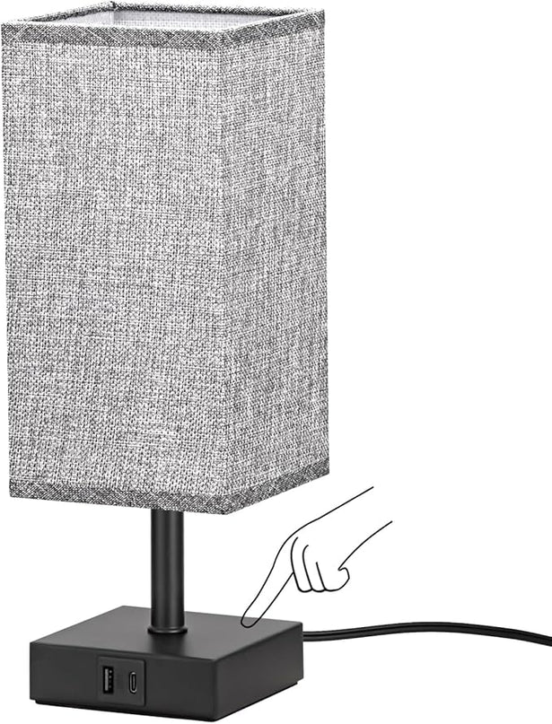 Ambimall Grey Table Lamp with USB Ports - 3 Way Touch Lamps Beside Desk, Nightstand Lamp for Bedrooms Living Room, Grey Shade with Black Base, LED Bulb Included(Grey) - LeafyLoom