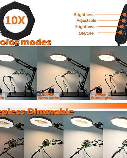 10X Magnifying Glass with Light and Stand,KUVRS 2200 IM 3-Color LED Magnifying Lamp, Magnetic Helping Hands, Adjustable Arm Large Base & Clamp Magnifier with Light for Soldering Craft Hobby Close Work - LeafyLoom