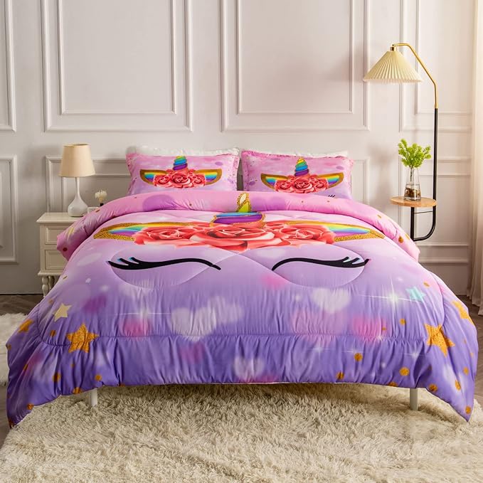 Unicorn Full Bedding Sets for Girls Kids Comforter Set Full Size with 2 Pillowcases Purple Unicorn Room Decor for Girls Bedroom Ultra Soft Machine Washable Toddler Bed Set - LeafyLoom