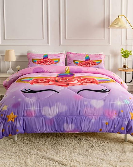 Unicorn Twin Bedding Sets for Girls Kids Comforter Set Twin Size with 2 Pillowcases Purple Unicorn Room Decor for Girls Bedroom Ultra Soft Machine Washable Toddler Bed Set - LeafyLoom
