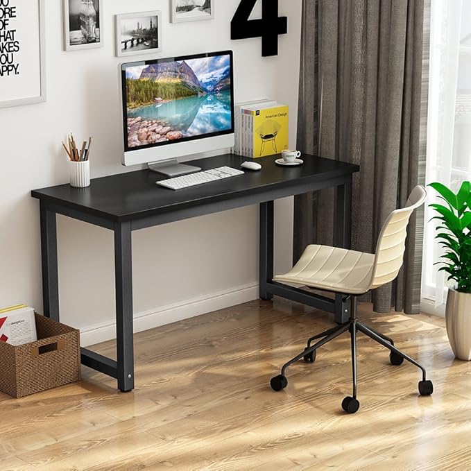 Tribesigns Computer Desk, 55 inch Large Office Desk Computer Table Study Writing Desk for Home Office, Black + Black Leg - LeafyLoom