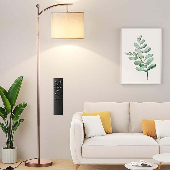 Ambimall Floor Lamp with Remote Control and Stepless Dimmable Bulb, Colors Temperature & Brightness Adjustable, Modern Floor Lamps for Living Room（Beige Shade & Brown Pole） - LeafyLoom