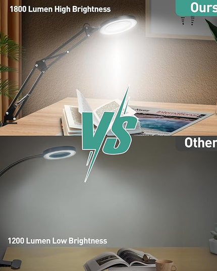 10X Magnifying Glass with Light, KUVRS 1,800 Lumen 3 Color Stepless Dimming, 4.2 Inch Real Glass Lens LED Lighted Magnifier, Adjustable Swing Arm with Clamp Desk Lamp for Craft Repair Crochet Puzzles - LeafyLoom