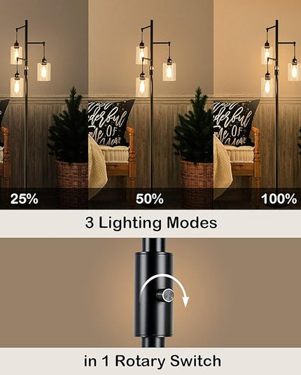 Airposta Industrial Floor Lamp with On/Off Dimmable Switch, 3-Head Rustic Tree Standing Lamp, Edison Bulb 40W Retro Tall Glass Floor Light for Living Room, Reading, Office, Bedroom, Black - LeafyLoom