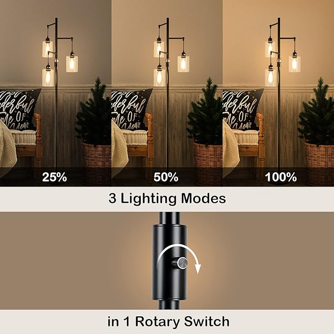 Airposta Industrial Floor Lamp with On/Off Dimmable Switch, 3-Head Rustic Tree Standing Lamp, Edison Bulb 40W Retro Tall Glass Floor Light for Living Room, Reading, Office, Bedroom, Black - LeafyLoom