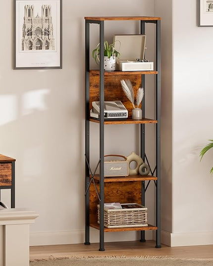 Furologee 5 Tier Bookshelf with Back, Tall Narrow Bookcase, Rustic Standing Shelf Units, Metal and Wood Display Storage Rack Organizer for Bedroom, Living Room, Home Office, Entryway - LeafyLoom