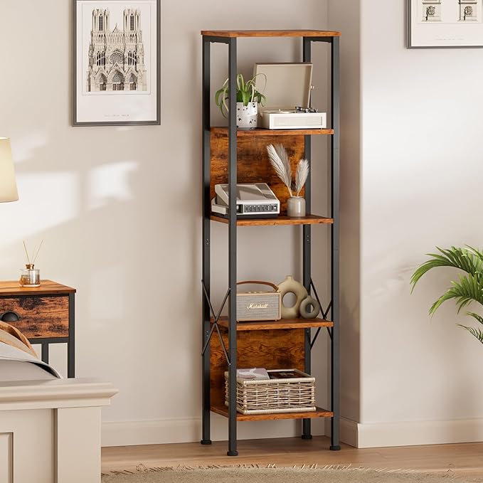 Furologee 5 Tier Bookshelf with Back, Tall Narrow Bookcase, Rustic Standing Shelf Units, Metal and Wood Display Storage Rack Organizer for Bedroom, Living Room, Home Office, Entryway - LeafyLoom