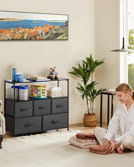 Sweetcrispy TV Stand for Bedroom, TV Dresser for 45 inches, Media Console Table, Entertainment Center with 5 Fabric Drawers Cabinet and Open Storage Shelf Furniture Cabinet for Living Room, Hallway - LeafyLoom