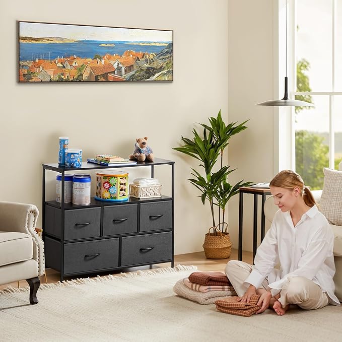 Sweetcrispy TV Stand for Bedroom, TV Dresser for 45 inches, Media Console Table, Entertainment Center with 5 Fabric Drawers Cabinet and Open Storage Shelf Furniture Cabinet for Living Room, Hallway - LeafyLoom