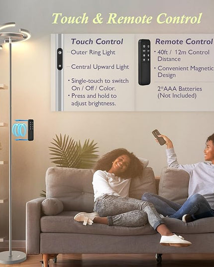 FIMEI Modern LED Floor Lamp Saturn Ring Original Design, Stepless Dimming and 3 Color Temperature, Rotatable and Independent Control of Round Light and Ring Light for Living Room Bedroom Office, Gray - LeafyLoom