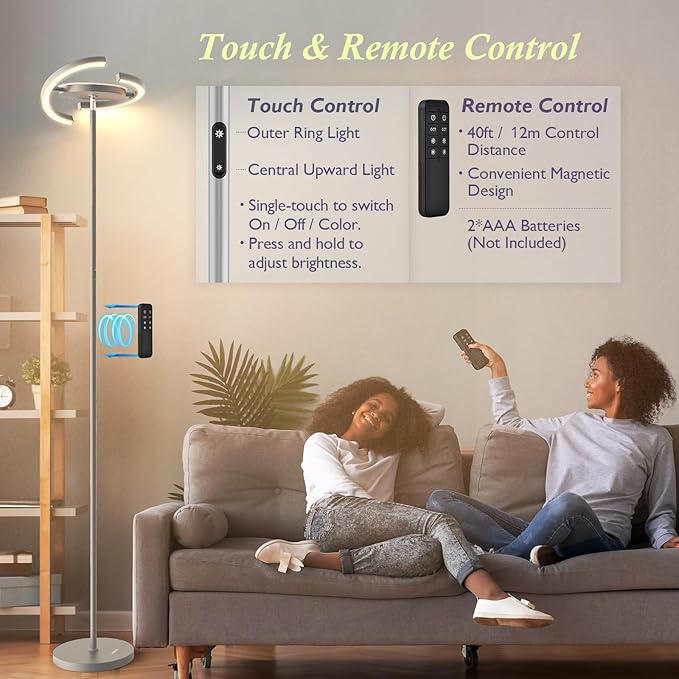 FIMEI Modern LED Floor Lamp Saturn Ring Original Design, Stepless Dimming and 3 Color Temperature, Rotatable and Independent Control of Round Light and Ring Light for Living Room Bedroom Office, Gray - LeafyLoom