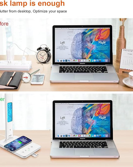 Desk Lamp with Wireless Charger, USB Charging Port, Dimmable Office Desk Light with Clock, Alarm, Date, Temperature, Foldable Lamp for Table Bedroom Bedside Office (White) - LeafyLoom