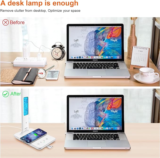 Desk Lamp with Wireless Charger, USB Charging Port, Dimmable Office Desk Light with Clock, Alarm, Date, Temperature, Foldable Lamp for Table Bedroom Bedside Office (White) - LeafyLoom