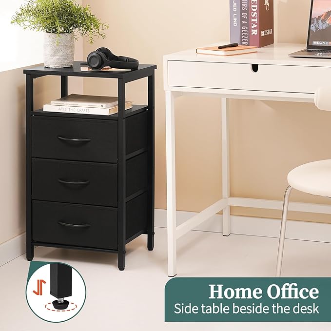 Yoobure Night Stand with Charging Station, 16 Colors LED Nightstand with USB Ports and Outlets, End Table with 3 Fabric Drawers and Storage Shelf, Bedside Tables Small Dresser for Small Space Black - LeafyLoom