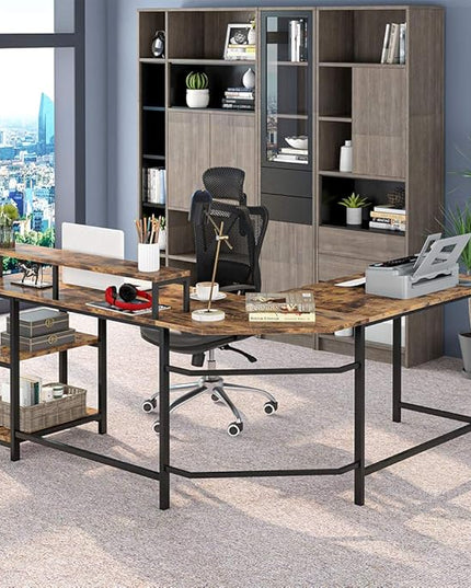 L-Shaped Computer Desk with Monitor Stand and Storage Shelves, Large Corner Desks for Home Office - LeafyLoom