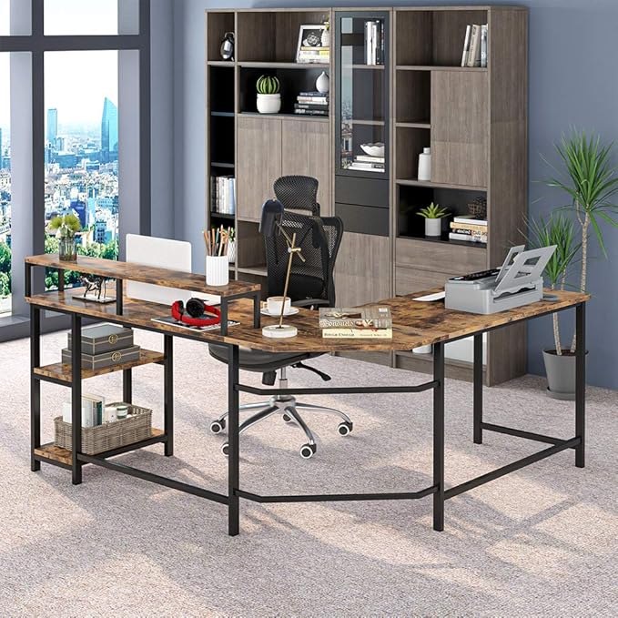 L-Shaped Computer Desk with Monitor Stand and Storage Shelves, Large Corner Desks for Home Office - LeafyLoom