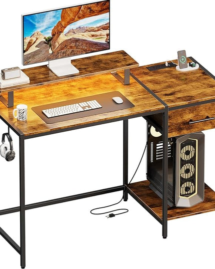 Computer Desk with Drawer and Power Outlets, 47" Office Desk with Monitor Stand and Led Lights, Work Desk for Home Office,Sturdy Writing Desk with Shelves and 2 Headphone Hooks,Rustic Brown - LeafyLoom