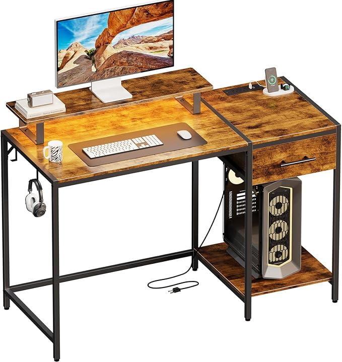 Computer Desk with Drawer and Power Outlets, 47" Office Desk with Monitor Stand and Led Lights, Work Desk for Home Office,Sturdy Writing Desk with Shelves and 2 Headphone Hooks,Rustic Brown - LeafyLoom