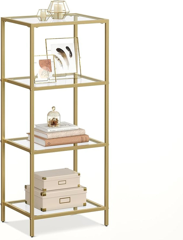 VASAGLE Bookcase, 4-Tier Bookshelf, Slim Shelving Unit for Bedroom, Bathroom, Home Office, Tempered Glass, Steel Frame, Metallic Gold ULGT28G - LeafyLoom