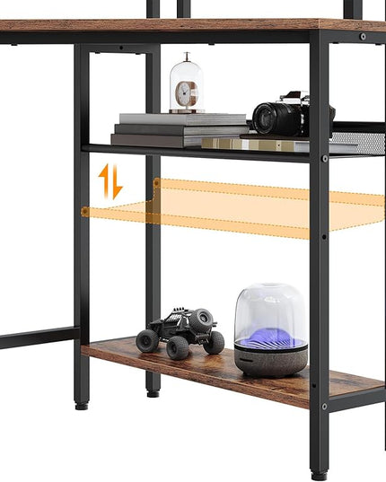 HOOBRO Corner Desk, Gaming Table with Charging Station and LED Strip, 90° Corner Computer Table, Mobile PC Holder, Adjustable Mesh Shelf, for Small Space/Home Office, Rustic Brown and Black BB70UDDN01 - LeafyLoom