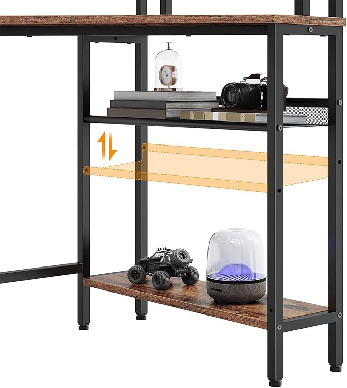 HOOBRO Corner Desk, Gaming Table with Charging Station and LED Strip, 90° Corner Computer Table, Mobile PC Holder, Adjustable Mesh Shelf, for Small Space/Home Office, Rustic Brown and Black BB70UDDN01 - LeafyLoom