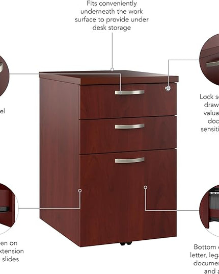 Bush Business Furniture Office in an Hour 3 Rolling File Cabinet | Mobile Under Desk Drawers for Letter, Legal, and A4-size Document Storage, Hansen Cherry - LeafyLoom