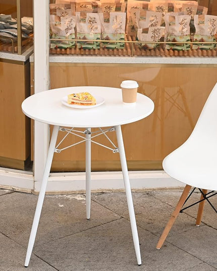Small White Round Dining Table for 2 Bistro Table Dia 23.6" Simple Modern Round Table with Wood Top Metal Legs for Small Place Home Kitchen Cafe Office Conference - LeafyLoom