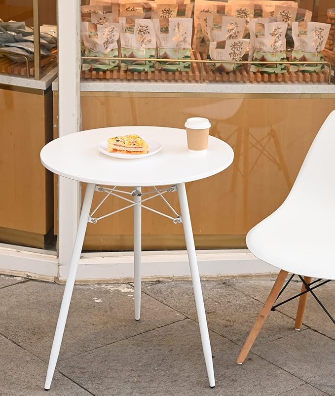 Small White Round Dining Table for 2 Bistro Table Dia 23.6" Simple Modern Round Table with Wood Top Metal Legs for Small Place Home Kitchen Cafe Office Conference - LeafyLoom