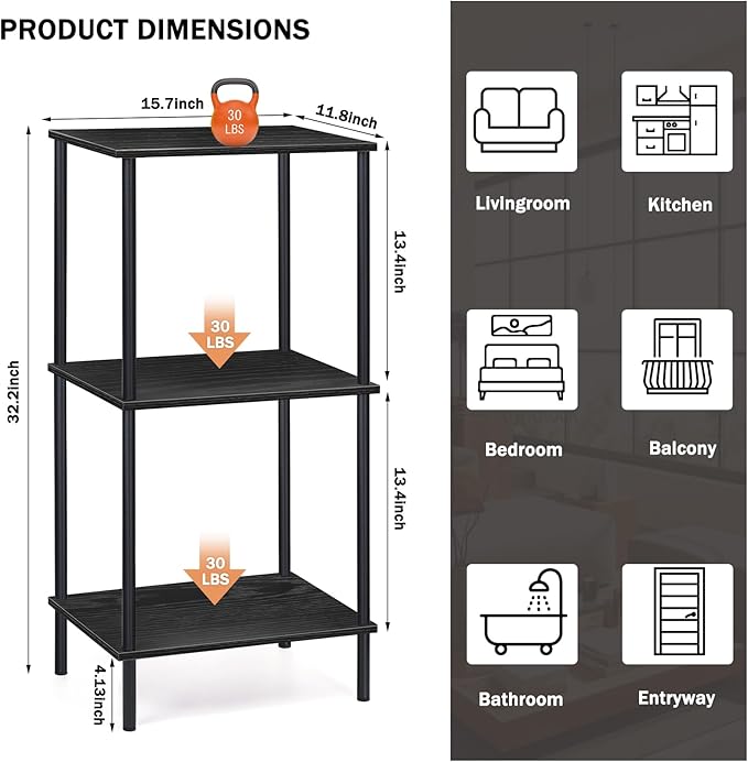 melos 3 Tier Bookshelf, Classically Tall Bookcase Shelf Storage Organizer, Modern Book Shelf for Bedroom, Living Room and Home Office, Black - LeafyLoom