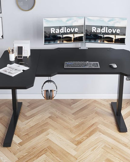 Radlove 59-Inch Large Electric Height Adjustable Computer L-Shaped Desk with Memory Controller Corner Standing Desk Modern Workstation with Splice Board Game Ergonomic Desk (Black Frame + Black Top) - LeafyLoom
