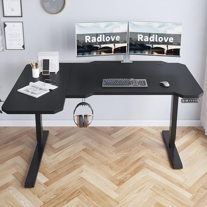 Radlove 59-Inch Large Electric Height Adjustable Computer L-Shaped Desk with Memory Controller Corner Standing Desk Modern Workstation with Splice Board Game Ergonomic Desk (Black Frame + Black Top) - LeafyLoom