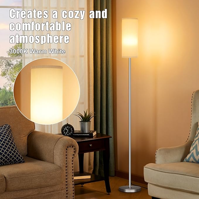 Ambimall Floor Lamps for Living Room, Modern Silver Floor Lamp with Remote Control and Stepless Dimmable Colors Temperature & Brightness (9W Bulb Included, Grey Lampshade) - LeafyLoom