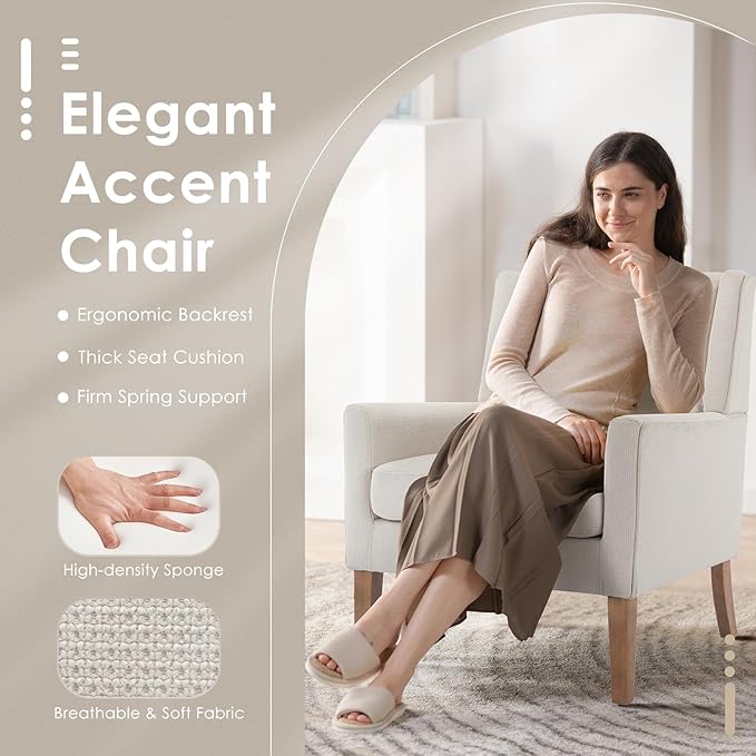 COLAMY Modern Wingback Living Room Chair, Upholstered Fabric Accent Armchair, Single Sofa chair with Lounge Seat and Wood Legs for Bedroom/Office/Reading Spaces, Beige - LeafyLoom