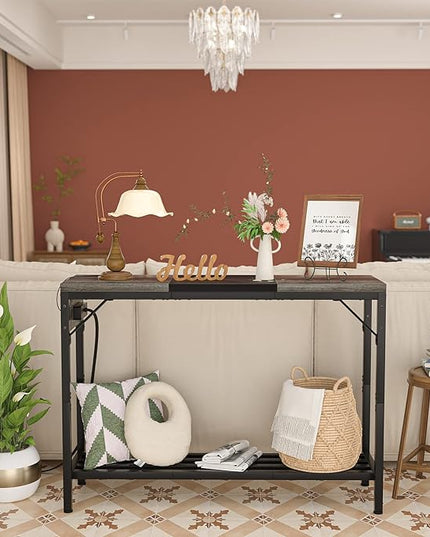 Narrow Console Table with Power Strips, Sofa Table with Storage Shelves for Living Room, 2-Tier Foyer Table for Entryway, Hallway, Behind Couch, Kitchen Counter, 39'', Grey Oak & Black - LeafyLoom