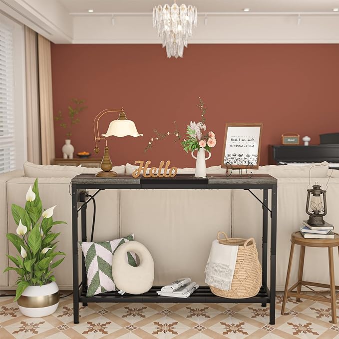 Narrow Console Table with Power Strips, Sofa Table with Storage Shelves for Living Room, 2-Tier Foyer Table for Entryway, Hallway, Behind Couch, Kitchen Counter, 39'', Grey Oak & Black - LeafyLoom