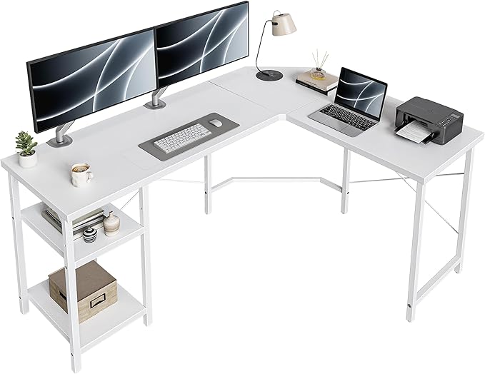 CubiCubi L Shaped Desk, 59.1 Inch Reversible Corner Desk with Storage Shelves, Home Office Desk for Writing Gaming Study, White - LeafyLoom