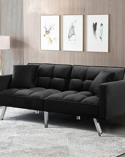 Futon Sofa Bed Living Room Furniture Sets 74" Modern Convertible Folding Lounge Couch Loveseat Daybed Upholstered Sofá with 2 Pillows for Bedroom Apartment,Home Office,Black - LeafyLoom