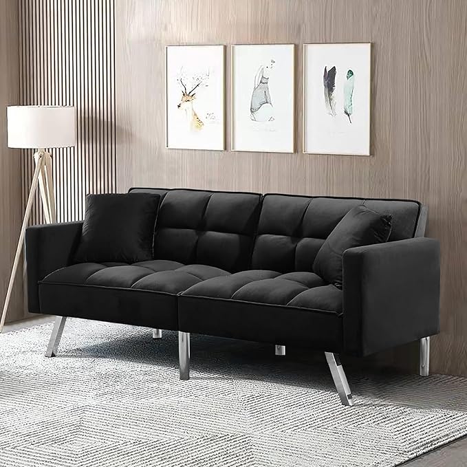 Futon Sofa Bed Living Room Furniture Sets 74" Modern Convertible Folding Lounge Couch Loveseat Daybed Upholstered Sofá with 2 Pillows for Bedroom Apartment,Home Office,Black - LeafyLoom