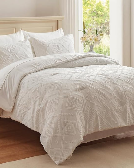 EMME King Comforter Set - 7 Pcs White Boho Comforter Set, Tufted King Size Bedding Sets with Sheets, Shabby Chic Embroidery Bed Set Fluffy Bed Bag for All Season(102"X90") - LeafyLoom