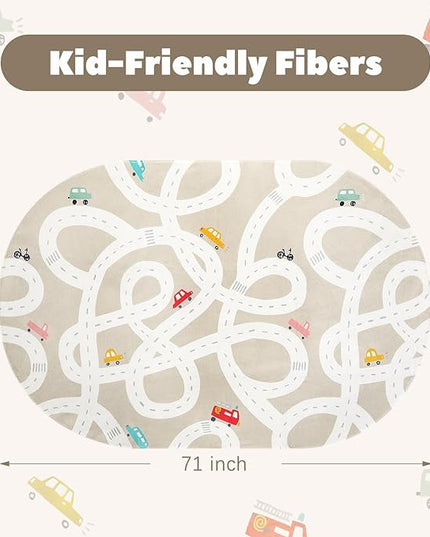 Large Kids Rug for Playroom, 4'x6' Washable Road Rug for Nursery, Non-Slip Car Rug for Boys Room, Tan Traffic Classroom Rug Soft Baby Play Mat for Dorm Toy Room Tent - LeafyLoom