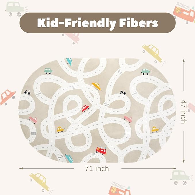 Large Kids Rug for Playroom, 4'x6' Washable Road Rug for Nursery, Non-Slip Car Rug for Boys Room, Tan Traffic Classroom Rug Soft Baby Play Mat for Dorm Toy Room Tent - LeafyLoom