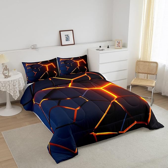 Honeycomb Print Bedding Set Red Black Fire Hexagonal Pattern Comforter Set for Kids Boys Girls Teens Beehive Geometrical Comforter Breathable Simplistic Duvet Set Room Decor Quilt Set Twin Size - LeafyLoom