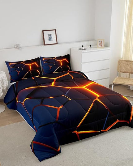Honeycomb Print Bedding Set Red Black Fire Hexagonal Pattern Comforter Set for Kids Boys Girls Teens Beehive Geometrical Comforter Breathable Simplistic Duvet Set Room Decor Quilt Set Full Size - LeafyLoom
