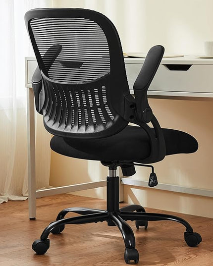 Sweetcrispy Office Computer Desk Chair, Ergonomic Mid-Back Mesh Rolling Work Swivel Task Chairs with Wheels, Comfortable Lumbar Support, Comfy Flip-up Arms for Home, Bedroom, Study, Student, Black - LeafyLoom